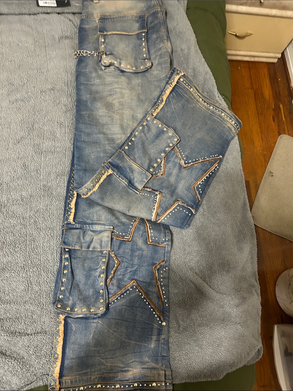 Men's Blue Distressed Bootcut Cargo Jeans with Stud and Flame Detail - Picture 5 of 5